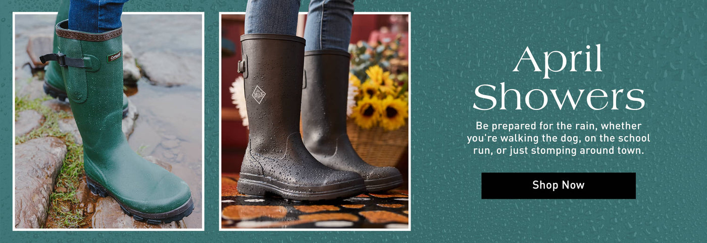Two pairs of rain boots with a promotional message for 'April Showers' on a teal background. Click to shop waterproof shoes.