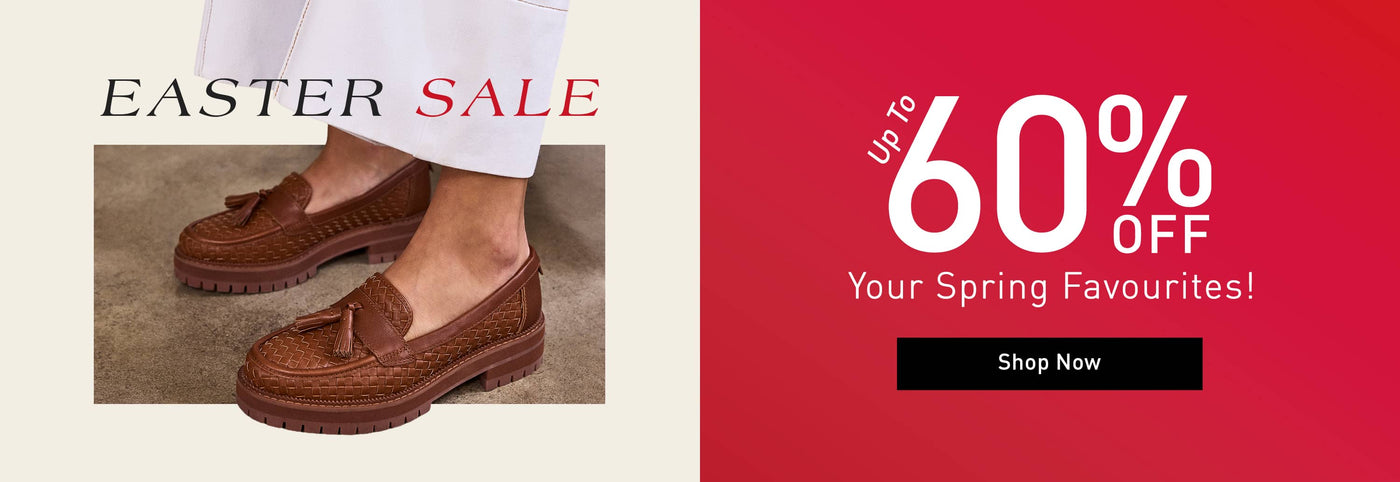 Image featuring brown loafers and an Easter sale announcement with up to 60% off. Click to visit Sale collection.