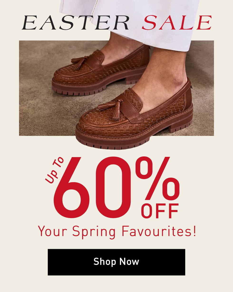 Image featuring brown loafers and an Easter sale announcement with up to 60% off. Click to visit Sale collection.