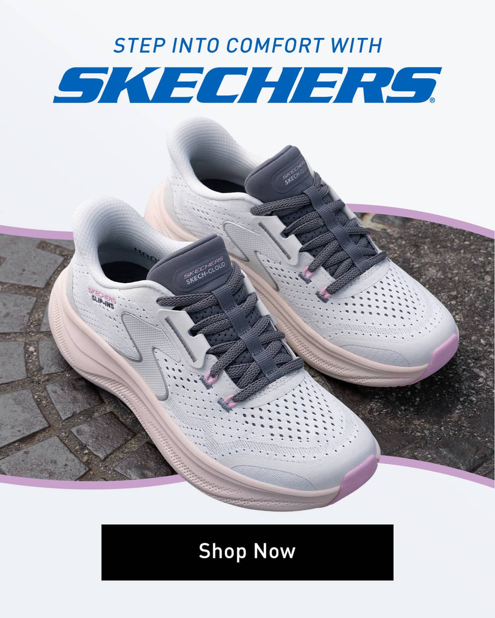 A pair of Skechers trainer with promotional text and a 'Shop Now' button.