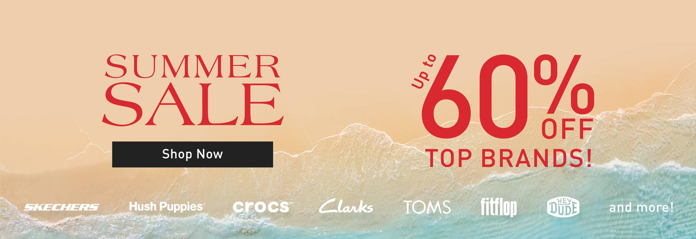 Summer Sale promotional banner with red text reading 'SUMMER SALE', 'Up to 60% OFF TOP BRANDS!', a black 'Shop Now' button, and a row of visible brand logos including Skechers, Hush Puppies, Crocs, Clarks, TOMS, fitflop, and more over a peach and blue beach-wave background.