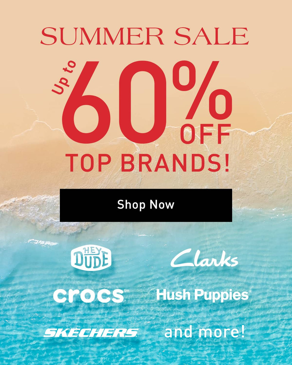 Summer Sale promotional banner with red text reading 'SUMMER SALE', 'Up to 60% OFF TOP BRANDS!', a black 'Shop Now' button, and a row of visible brand logos including Skechers, Hush Puppies, Crocs, Clarks, TOMS, fitflop, and more over a peach and blue beach-wave background.