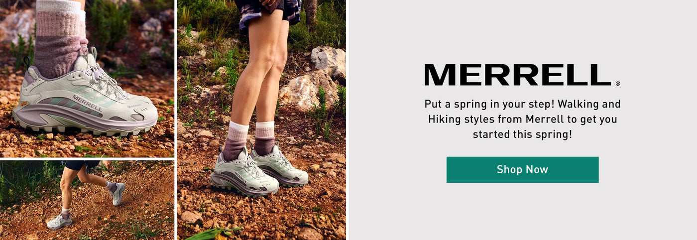 Merrell hiking shoes being worn on a trail with promotional text and 'Shop Now' button. Click to shop now.
