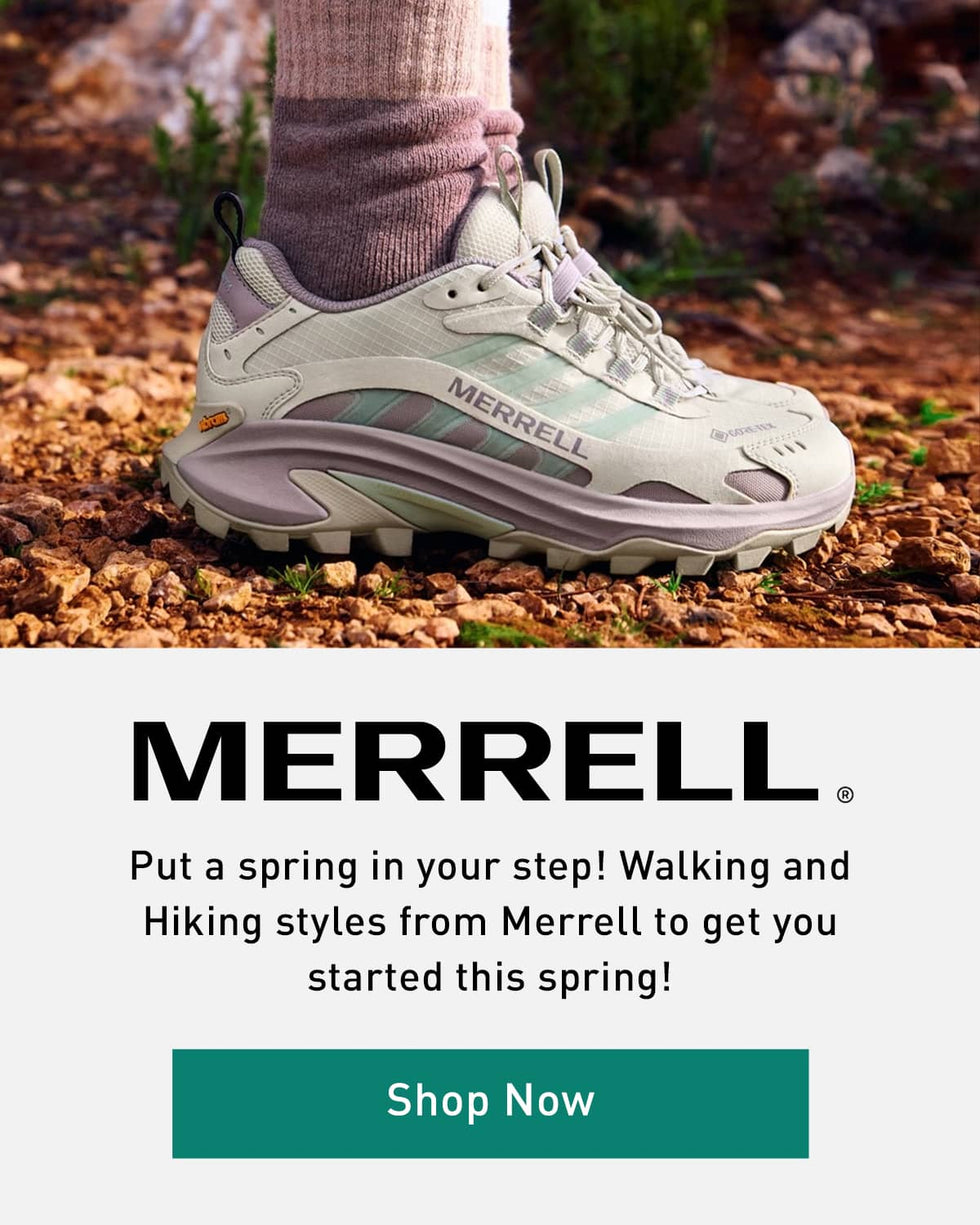 Merrell hiking shoes being worn on a trail with promotional text and 'Shop Now' button. Click to shop now.