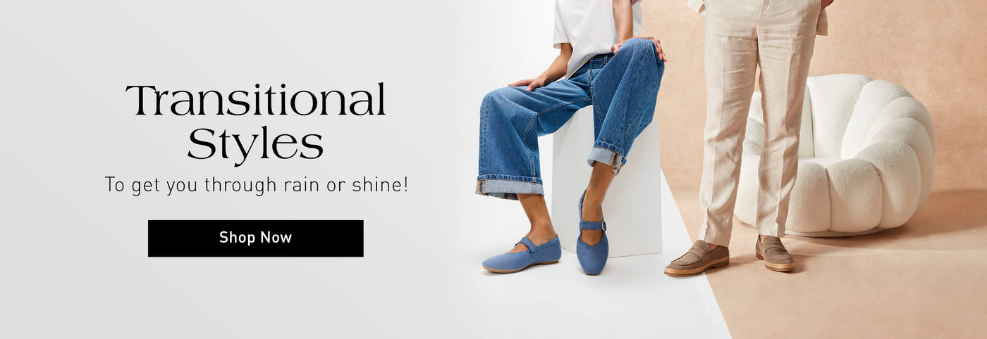 A promotional image features text about "Transitional Styles" with a "Shop Now" button. The image shows two people wearing casual outfits and shoes. The lady is wearing a Fitflop shoe and the man is in Dune loafers. Click to shop now.