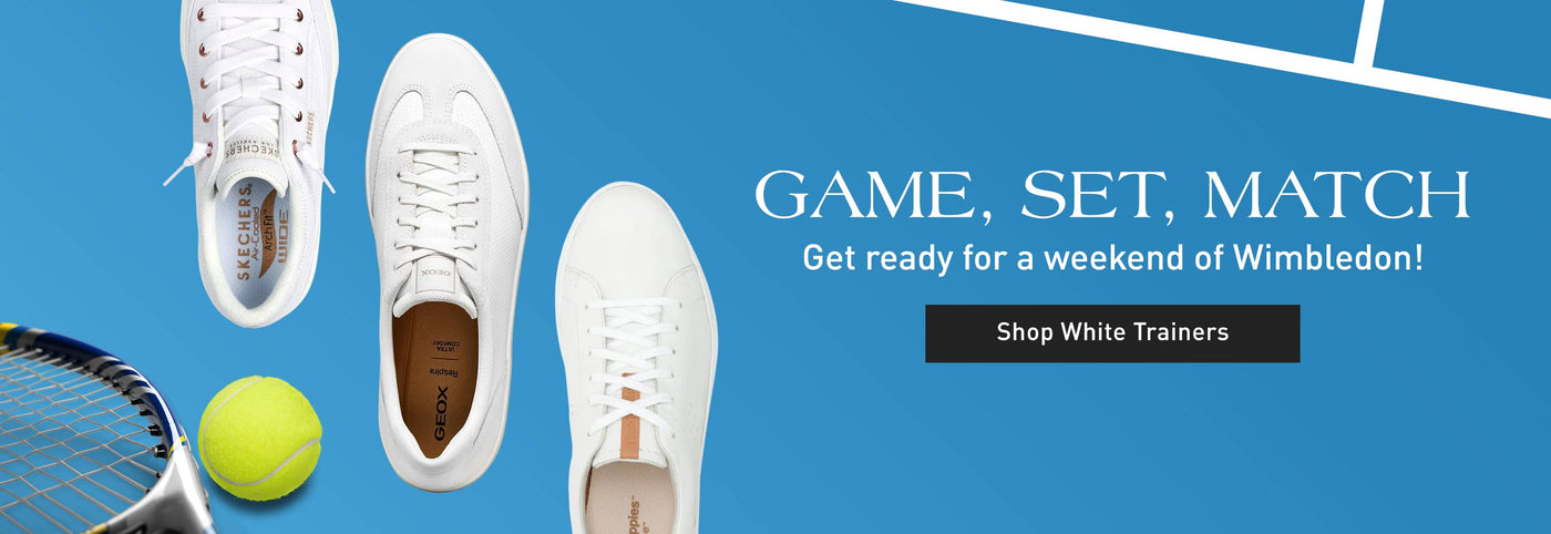 Three pairs of white athletic shoes on a blue background with a tennis ball and racket. Text reads, "GAME, SET, MATCH. Get ready for a weekend of Wimbledon! Shop White Trainers." Click to Shop Now.