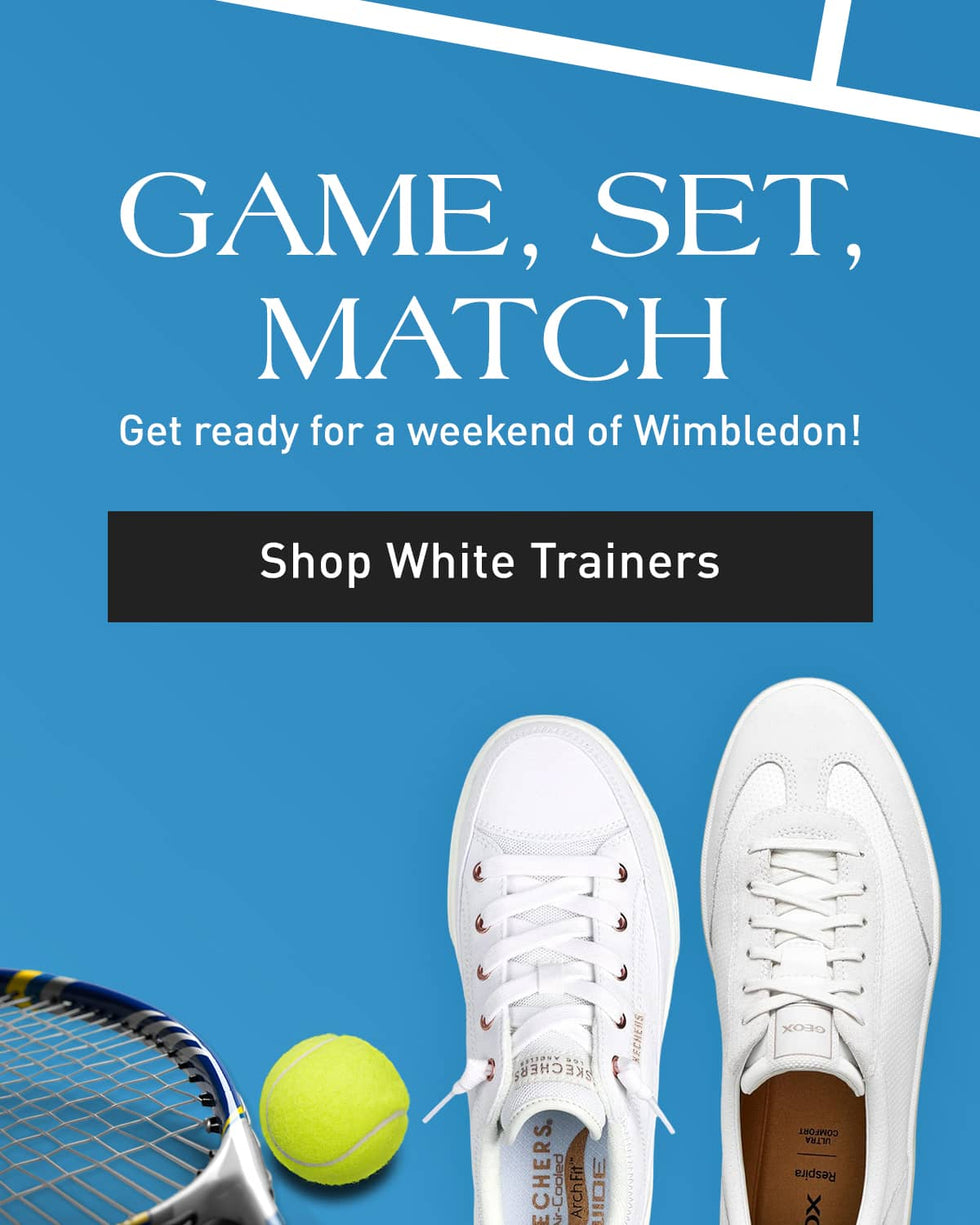 Three pairs of white athletic shoes on a blue background with a tennis ball and racket. Text reads, "GAME, SET, MATCH. Get ready for a weekend of Wimbledon! Shop White Trainers." Click to Shop Now.