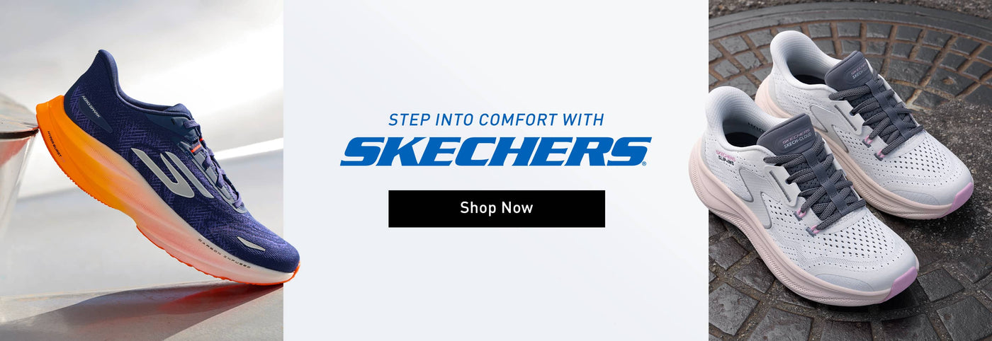 Two pairs of Skechers trainers with promotional text and a 'Shop Now' button.