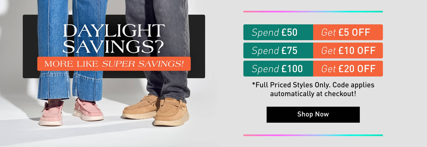 Spend £50 Get £5 OFF. Spend £75 Get £10 OFF. Spend £100 Get £20 OFF. Full priced styles only. Code applies automatically at checkout! Click to Shop Now