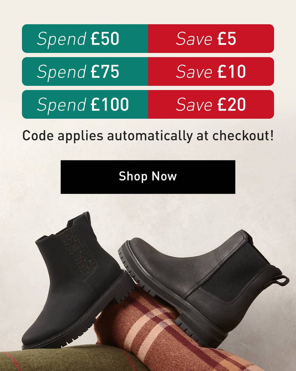 Spend £50 Save £5. Spend £75 Save £10. 
Spend £100 Save £20. Code applies automatically at checkout. Click to shop now.