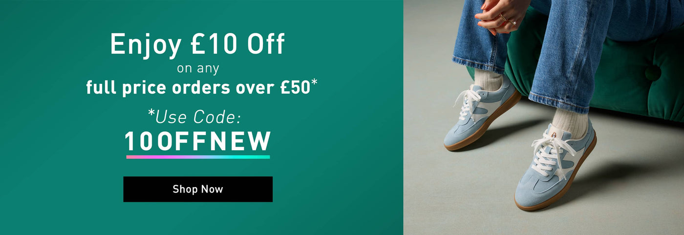 Promotional banner with text 'Enjoy £10 Off on any full price orders over £50. Use code: 10OFFNEW' and a person sitting on the floor wearing blue sneakers. Click to shop now.