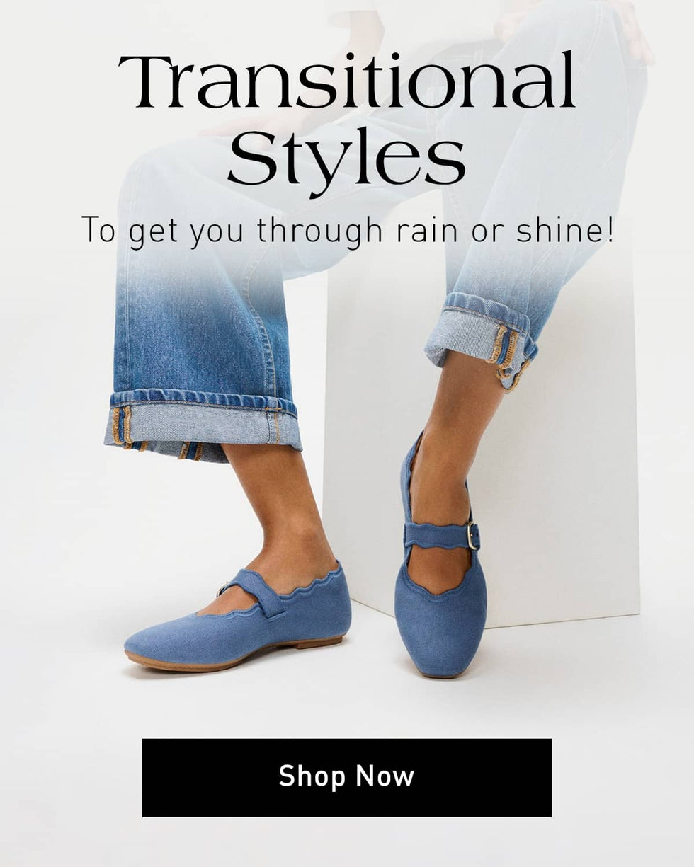 A promotional image features text about "Transitional Styles" with a "Shop Now" button. The image shows two people wearing casual outfits and shoes. The lady is wearing a Fitflop shoe and the man is in Dune loafers. Click to shop now.